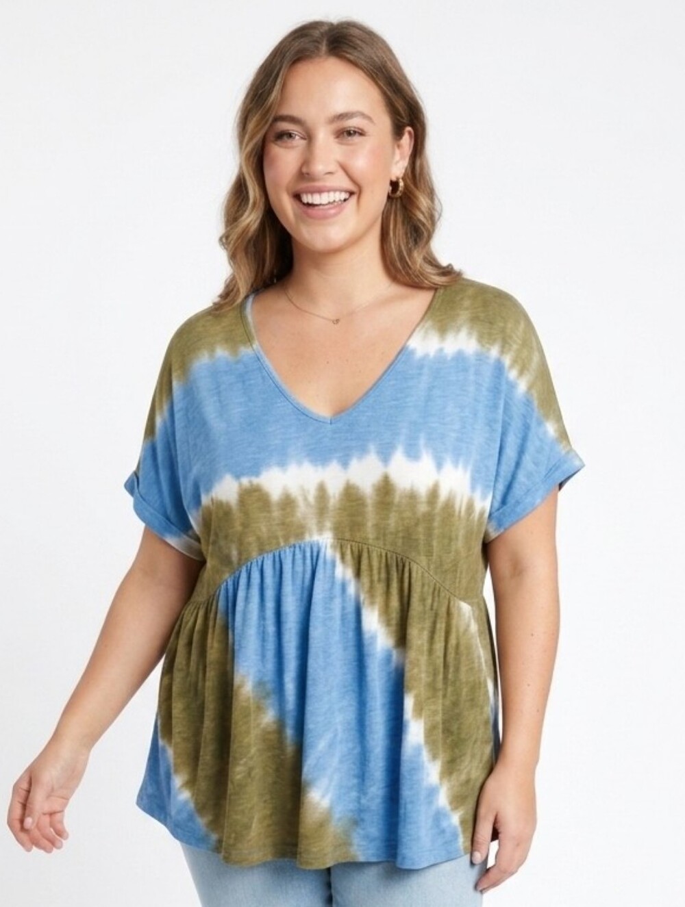 Nanette Lepore Blue and Brown Tie-Dye V-Neck Top